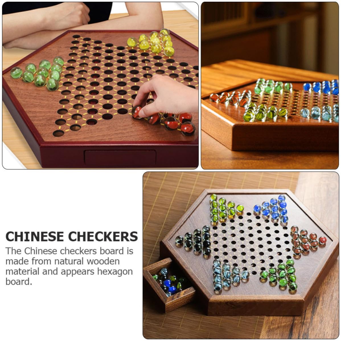 Dama Cinese in Legno Esagonale con Cassetto, , Marrone | Gioco in Legno, Pedine in Vetro, Cassetto Porta-pedine, Intrattenimento Familiare