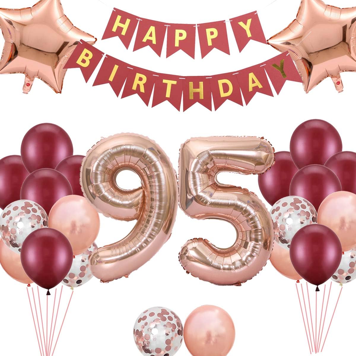 Burgundy Rose Gold 95th Birthday Decorations - Giant 95 Foil Balloon for 95 Year Old Woman, Mothers, Grandmothers Themed Party — image 1