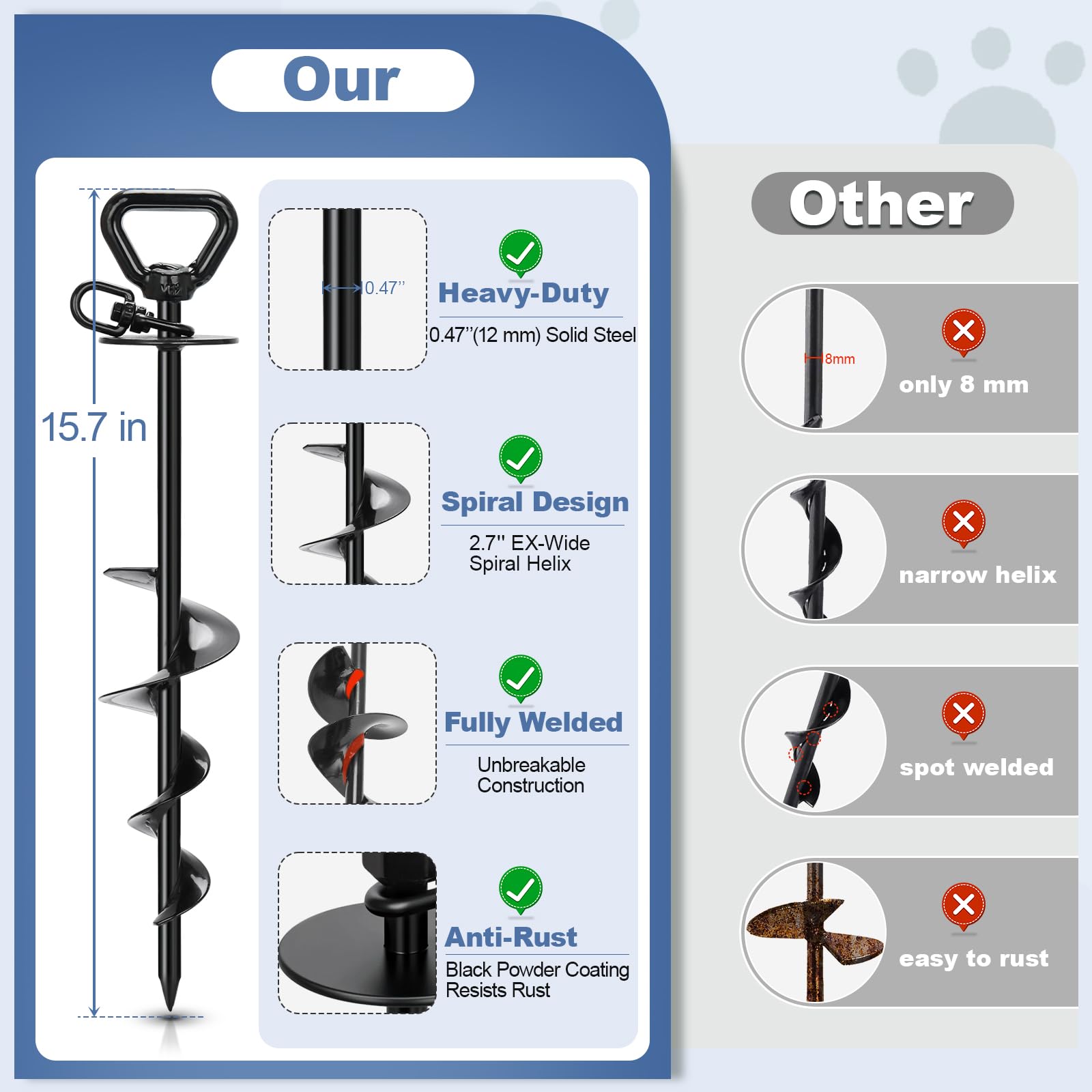 Tinnmao Heavy Duty Dog Tie Out Cable & Spiral Stake, 30 FT Tether with 15.7" (40cm) 12mm Coated Carbon Steel Screw-in Anchor (7cm Helix), Dual Swivel + Shock Spring, Outdoor Tie Out for Yard & Camping - image 2