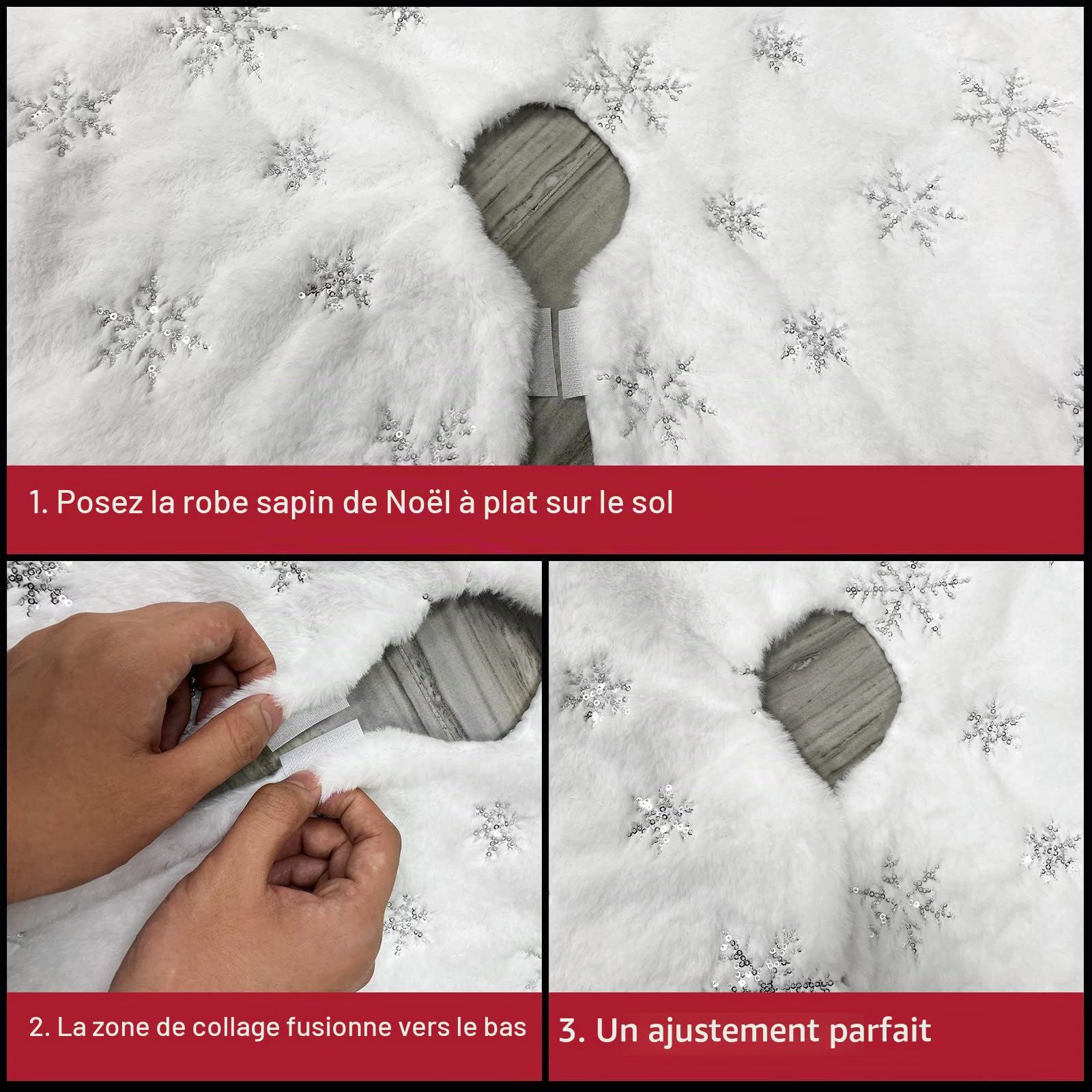 Jupe de Sapin de Noël 90cm, Blanc Peluche Double Couche avec Flocon Argenté, Décoration Noël