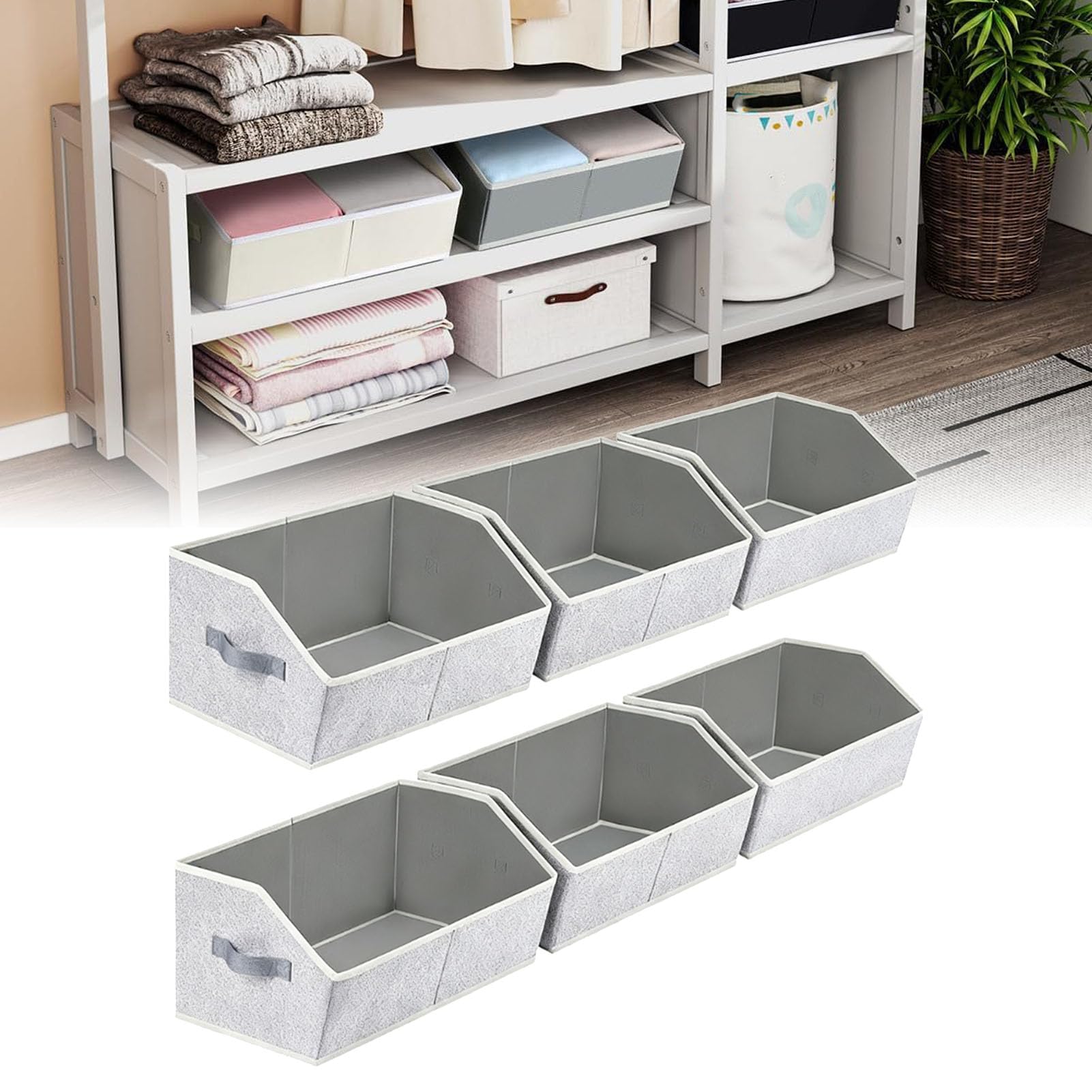Bewinner 6 Cubos Organizadores de Armario con Asas, Cestas de Estante Grandes Trapezoidales de Tela, Cubos de Almacenamiento Plegables, Caja de Contenedores de Ropa para Armario Dormitorio (GRAY)