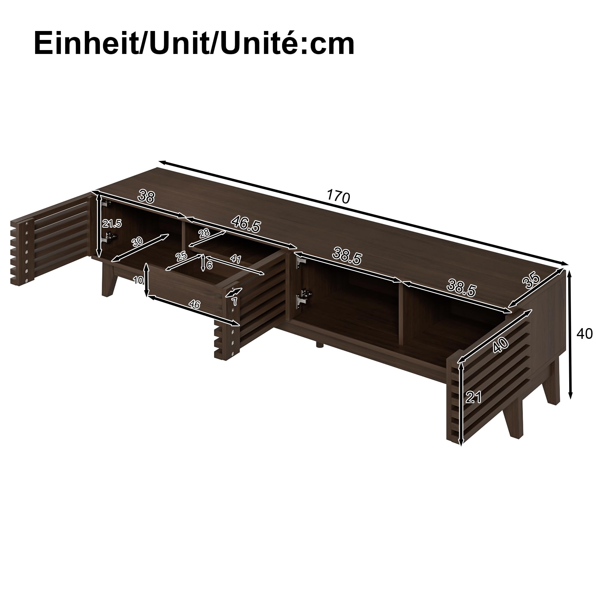 Merax TV-Schrank 170x35x40 cm, TV-Lowboard mit 3 Türen, 1 Schublade, offenen Fächern und Kabeldurchführung, stilvolles TV-Möbel mit großem Stauraum für Wohnzimmer, dunkle Holzfarbe