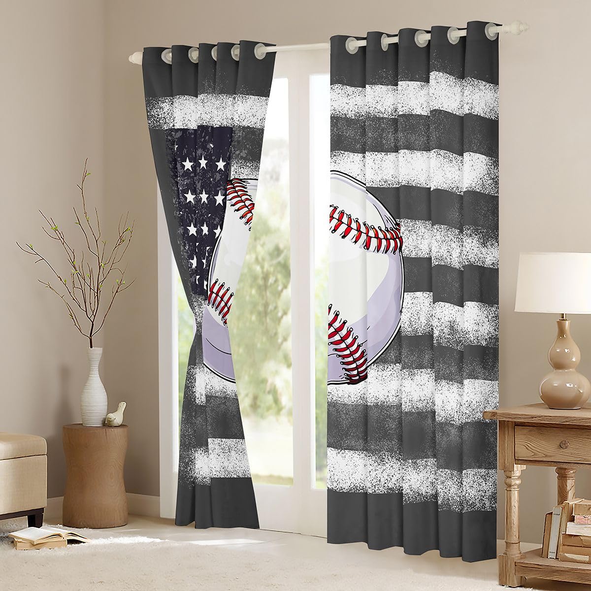 Baseball Vorhänge 245x140cm Amerikanisch Flagge Gardinen Softball Gaming Sport Vorhänge Blickdicht Sport Motiv Thermovorhang Hitzeschutz 2er Set