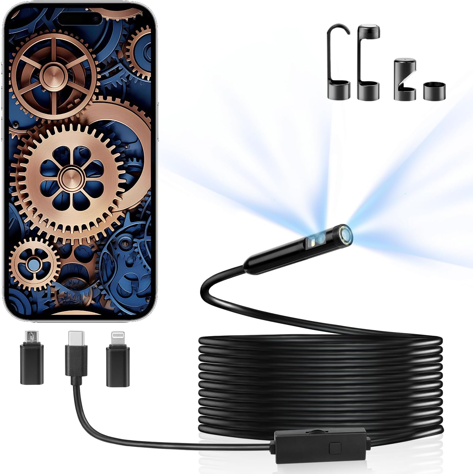 [Dual-Lens] Endoscope Camera with Light,1920P HD Endoscope with 8+1 Adjustable LED Lights,Borescope with 16.4ft Semi-Rigid Snake Camera,IP67 Waterproof Inspection Camera for iPhone, iPad
