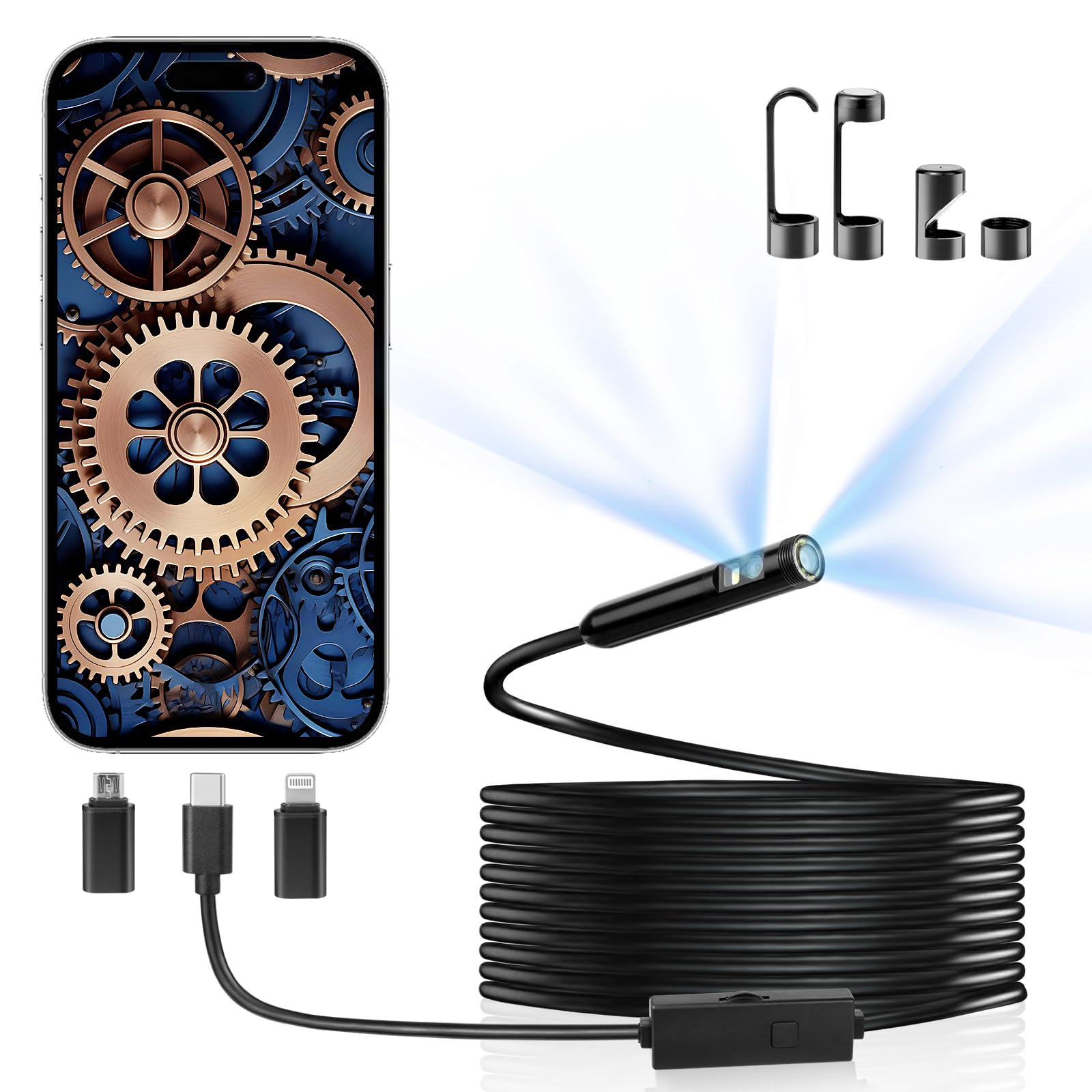 [Dual-Lens] Endoscope Camera with Light,1920P HD Endoscope with 8+1 Adjustable LED Lights,Borescope with 16.4ft Semi-Rigid Snake Camera,IP67 Waterproof Inspection Camera for iPhone, iPad