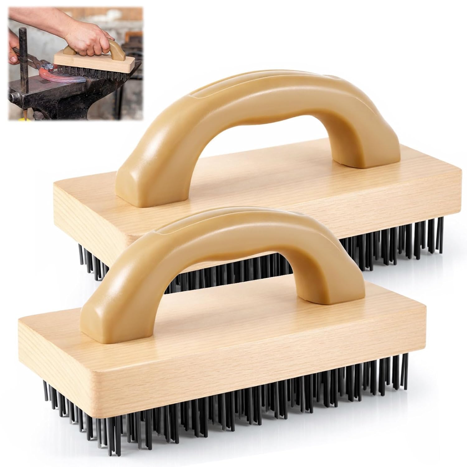 9'' Ergonomic Steel Butcher Block Scratch Brush, Durable and Effective, Steel Wire Broiler Bristle Brush for Cleaning Dirt, Rust and Electroplating and Welding Operations(2 Pcs)