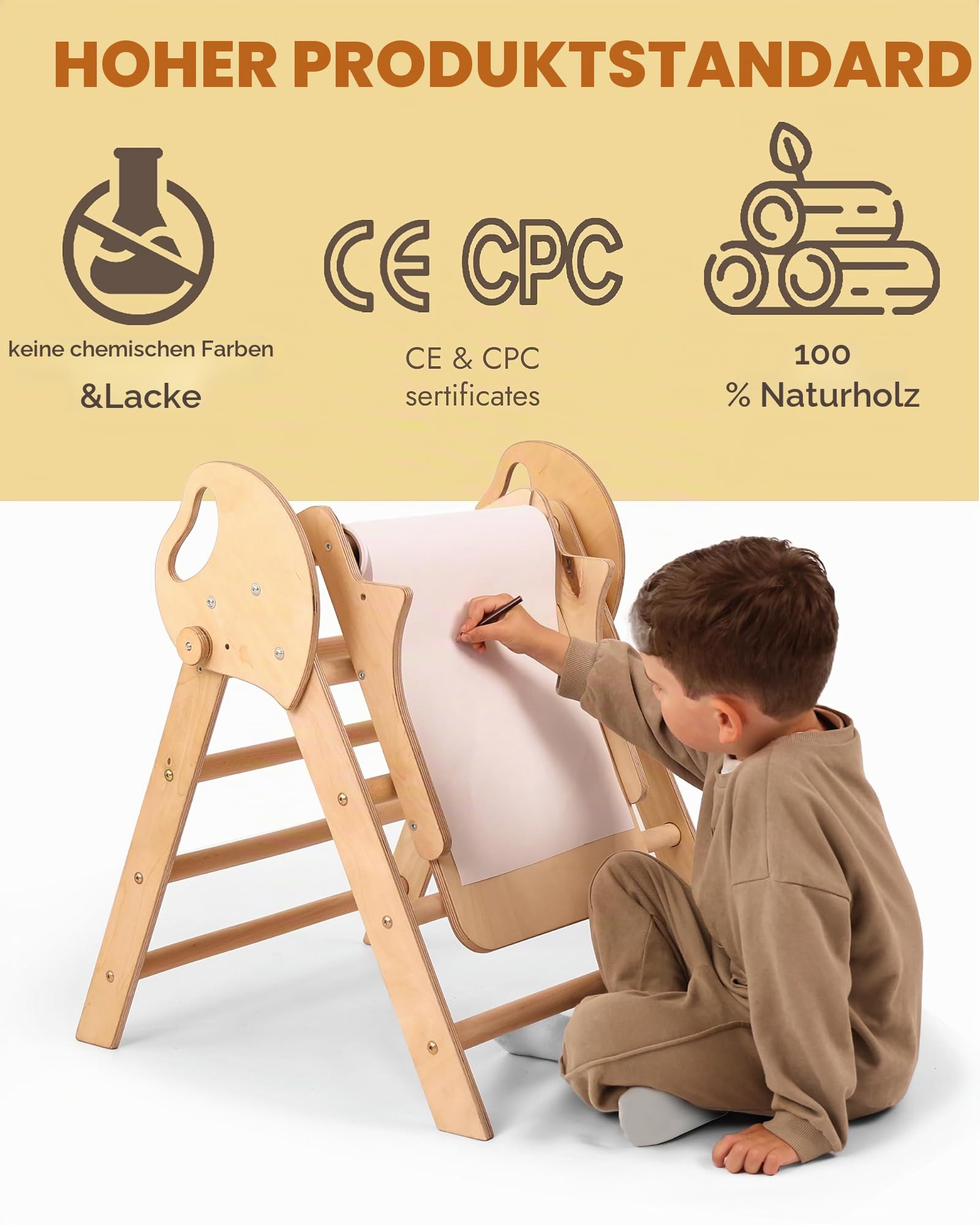 Goodevas Montessori Kletterdreieck Set | Klettergerüst Indoor Holz mit Dreieck, Wippe, Rutsche, Kissen & Kunst-Set, Umbaubar, 1-3 Jahre, Beige