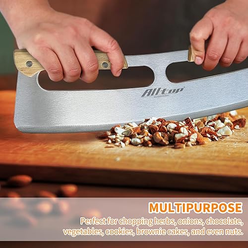 Miniatura 5 de ALLTOP Cortador de pizza, cuchillo de hoja de acero inoxidable con doble mango de madera y cubierta de plástico, rebanadora/picadora de pizza