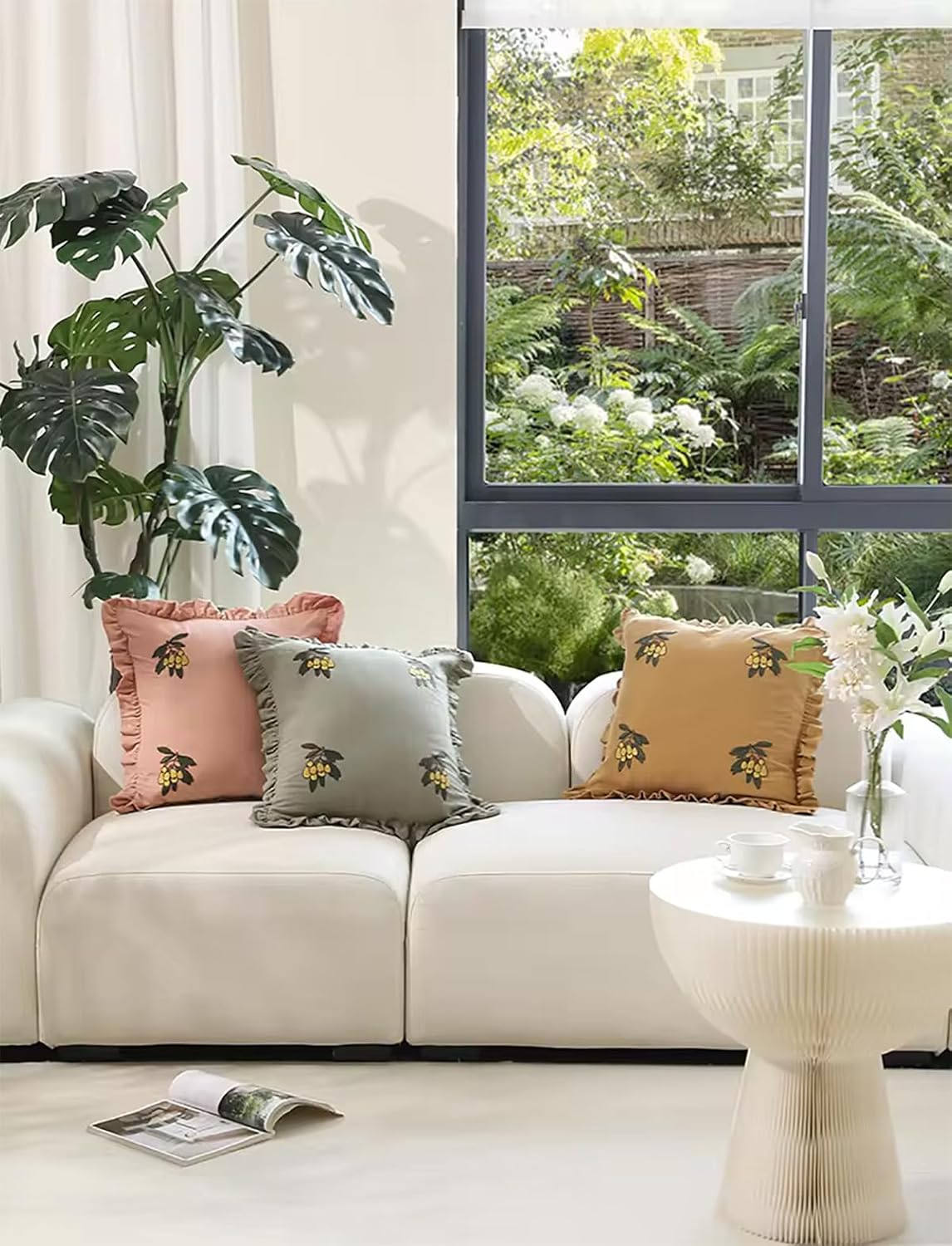 Fennco Styles Loquat Embroidered Double Layer Ruffle Filled Throw Pillow 18" W x 18" L - Vintage Pink Cotton Cushion for Home, Couch, Living Room, Bedroom, Office and Holiday Décor