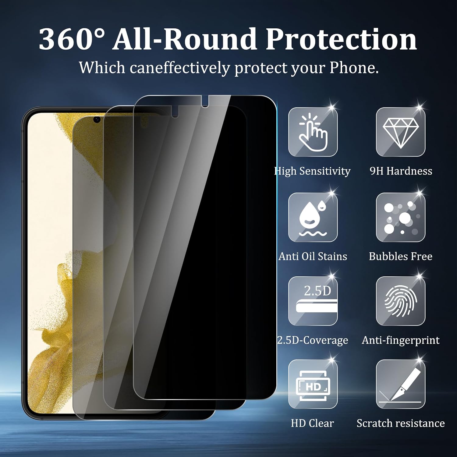 3 Pack Privacy Screen Protector for Samsung Galaxy S22/S23 5G, Tempered Glass Film, 9H Hardness, Anti-Scratch, Premium HD Clarity, Case Friendly, Easy Installation