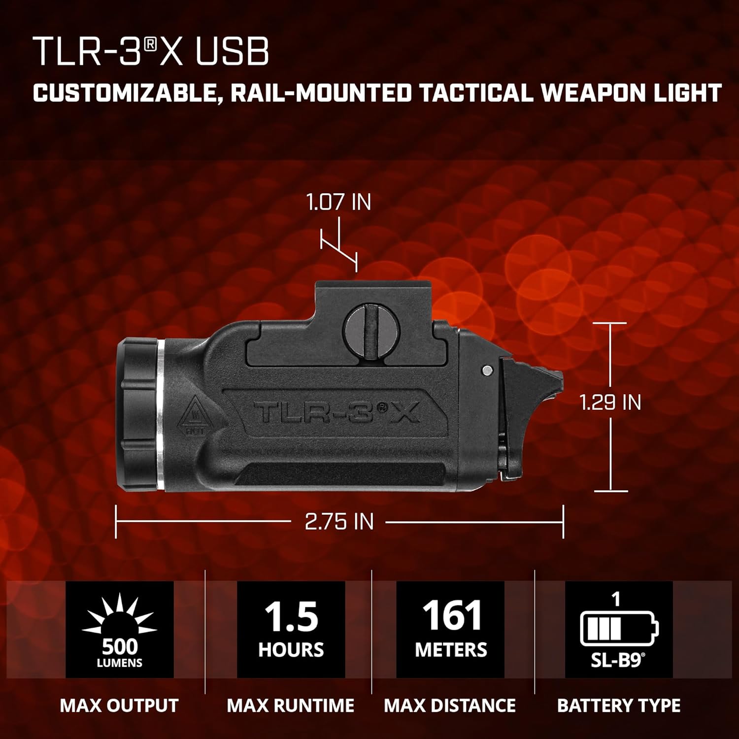 Streamlight 59101 TLR-3X Tactical Weapon Light 500-Lumen 6500-Candela USB Rechargeable Capable Rail-Mounted LED Flashlight, Compatible with 1913 Subcompact Handguns, Black