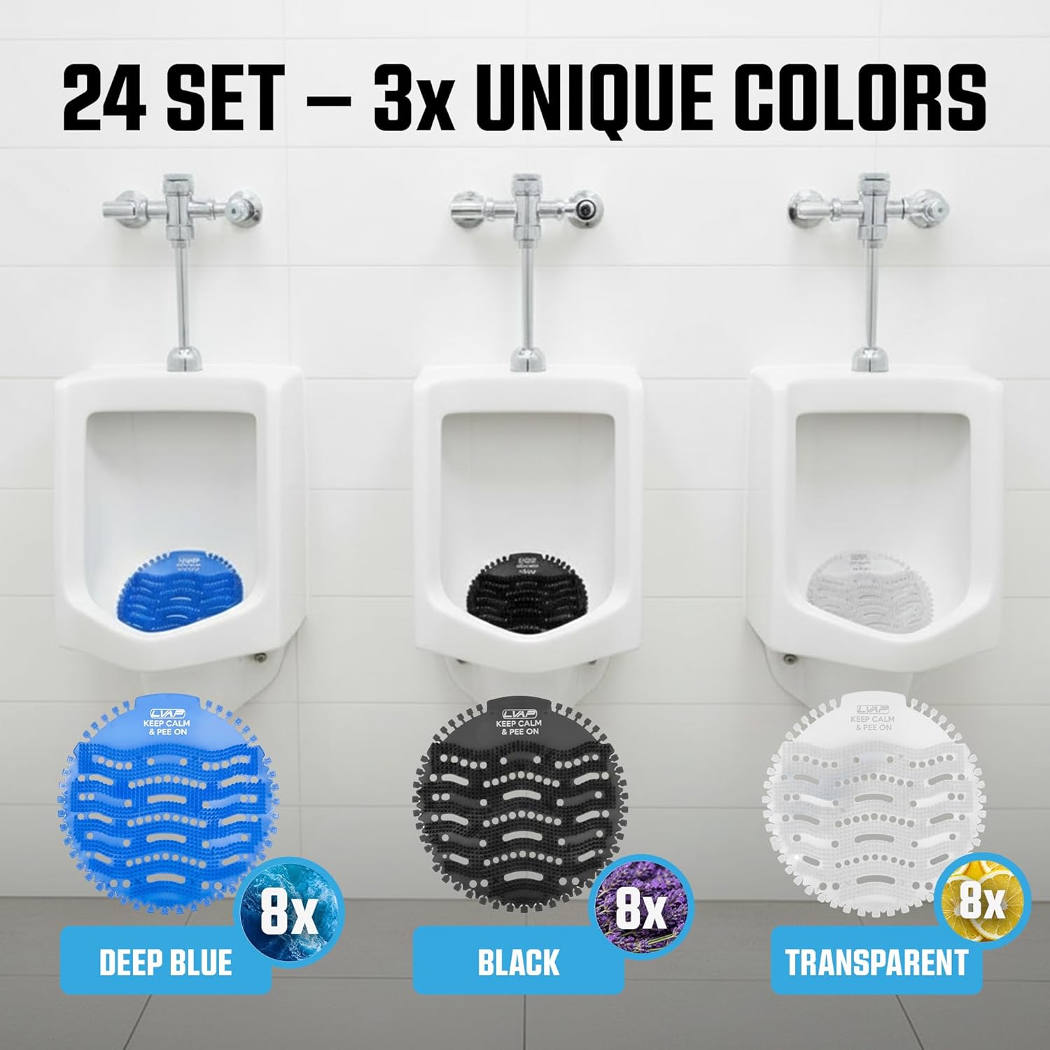 Urinal Screen Deodorizer (24 Pack) Odor Protection for Toilets in Office, Schools, Restaurants Bathroom, 3 Colors Anti-Splash - 24 Urinal Cakes + 24 Free Gloves