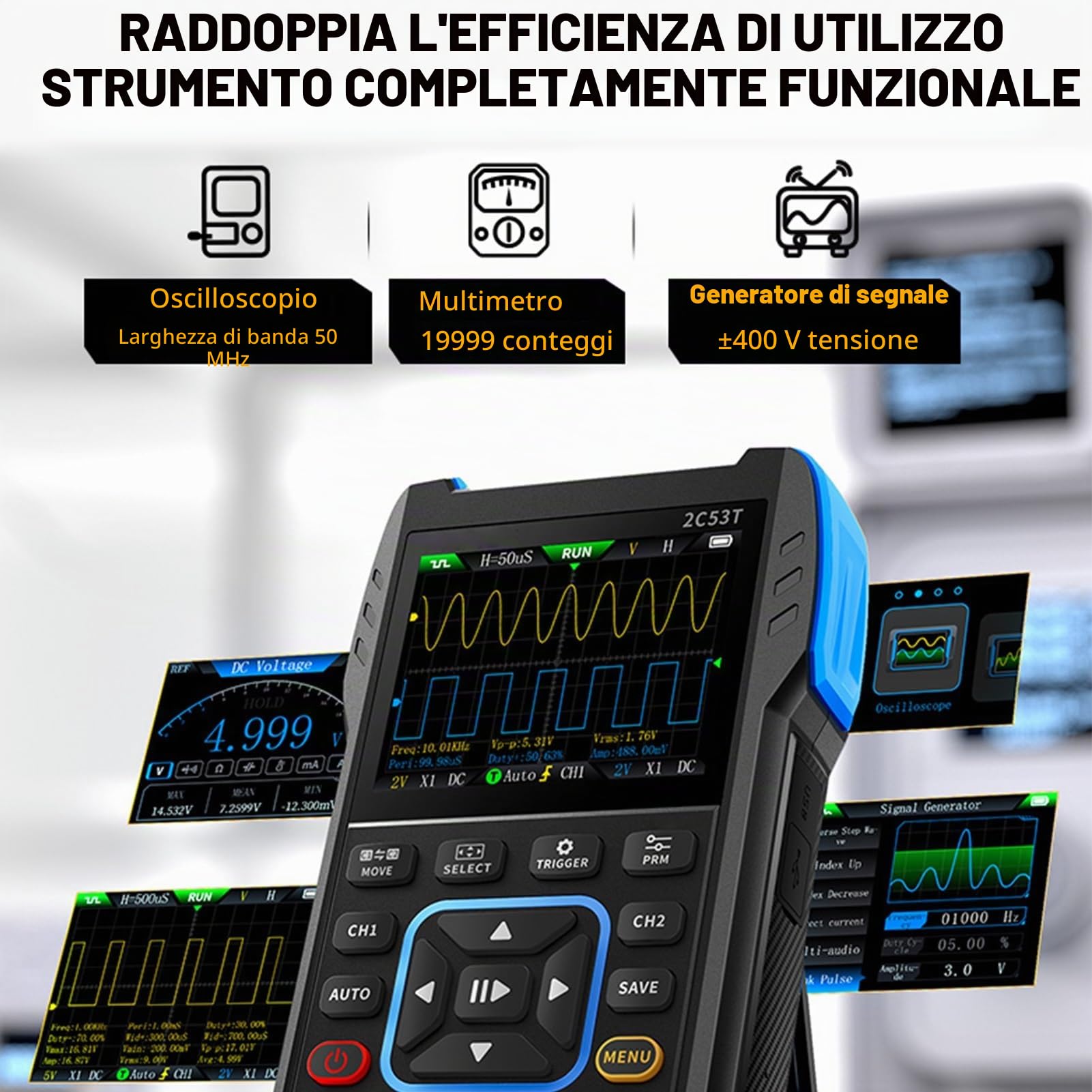 Jadeshay Oscilloscopio Digitale Oscilloscopio Portatile 2C53T Generatore di Segnale Portatile a 2 Canali con Larghezza di Banda 2×50 MHz Frequenza di campionamento 250MSa/s Esportazione Dati