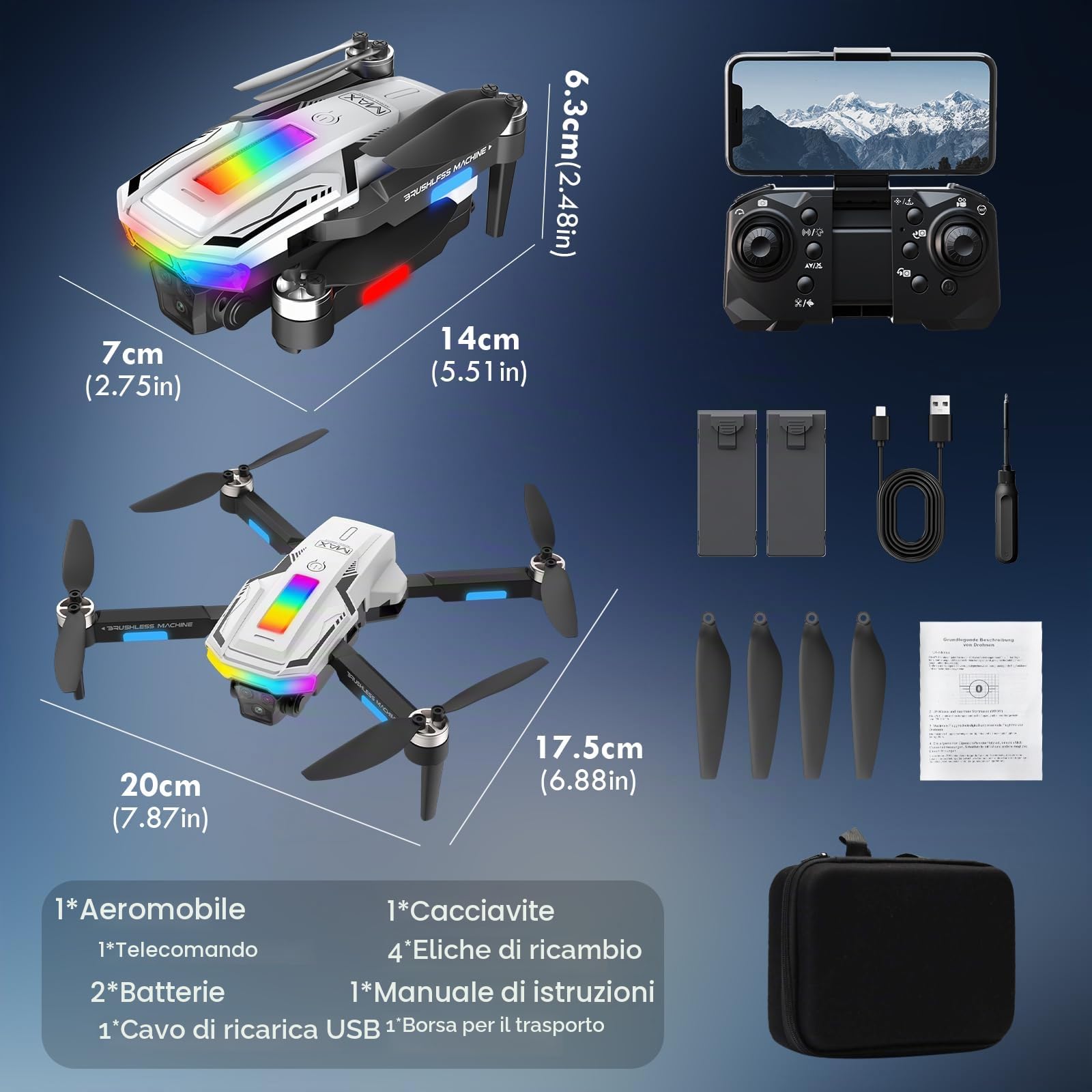 Drone con Telecamera 4K, 360°Flip, Wi-Fi, Motore Brushless, Modalità Senza Testa, Decollo/Atterraggio con un Solo Tasto, Volo in Traiettoria, Regali e Giocattoli per Principianti, 2 Batterie (Bianco)