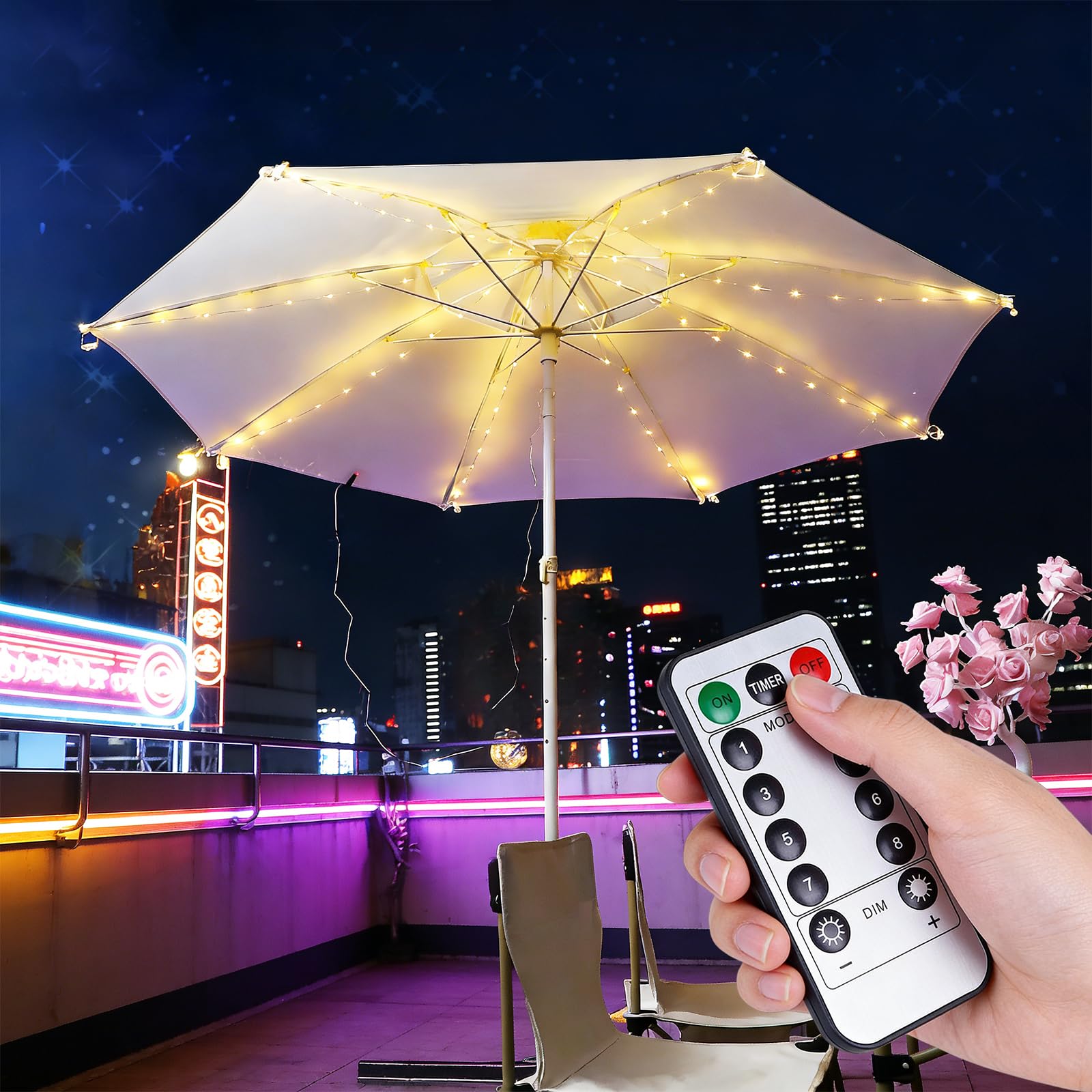 PORFOYO Iluminación para sombrilla con mando a distancia, 104 LED, 8 modos, impermeable, para luces de jardín y tiendas de campaña