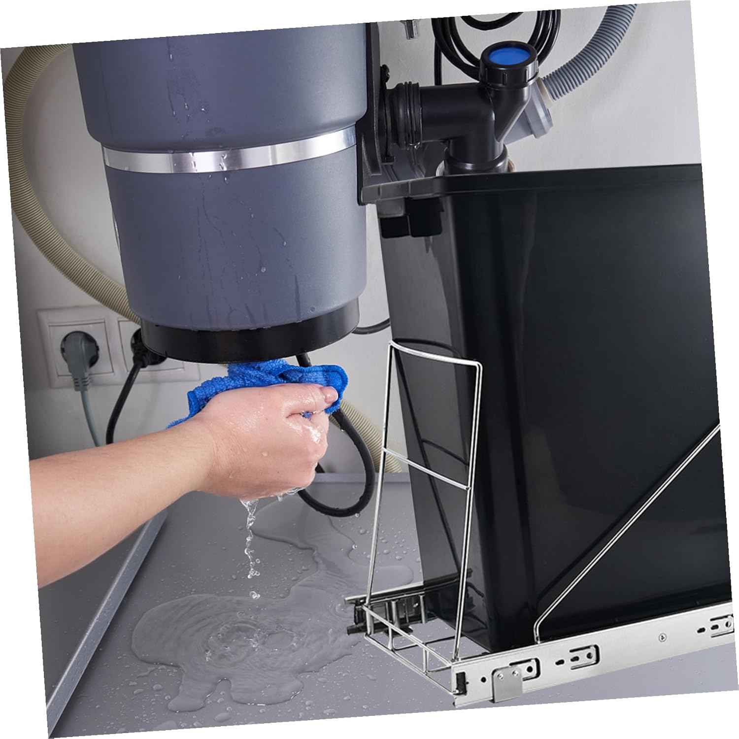 Adjustable Pull Out Shelf for Kitchen Trash Can Under Cabinet Stainless Steel Slide-out Storage Rack Flexible Organizer for Sink Area