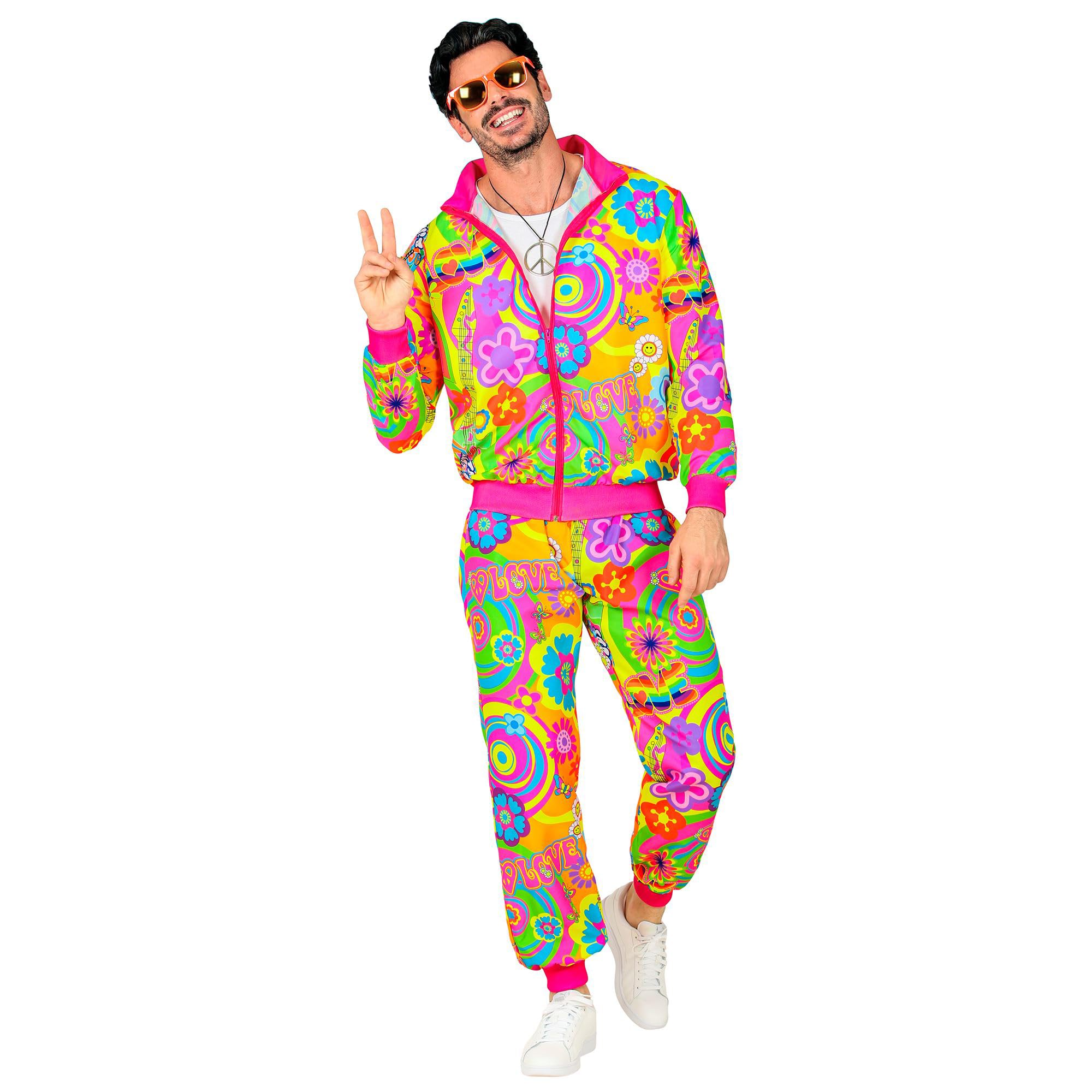 W WIDMANN MILANO Party Fashion Kostüm Trainingsanzug, Flower Power Hippie, Neon, Blumenmuster, 80er Jahre Outfit, Jogginganzug, Bad Taste Outfit, Faschingskostüme