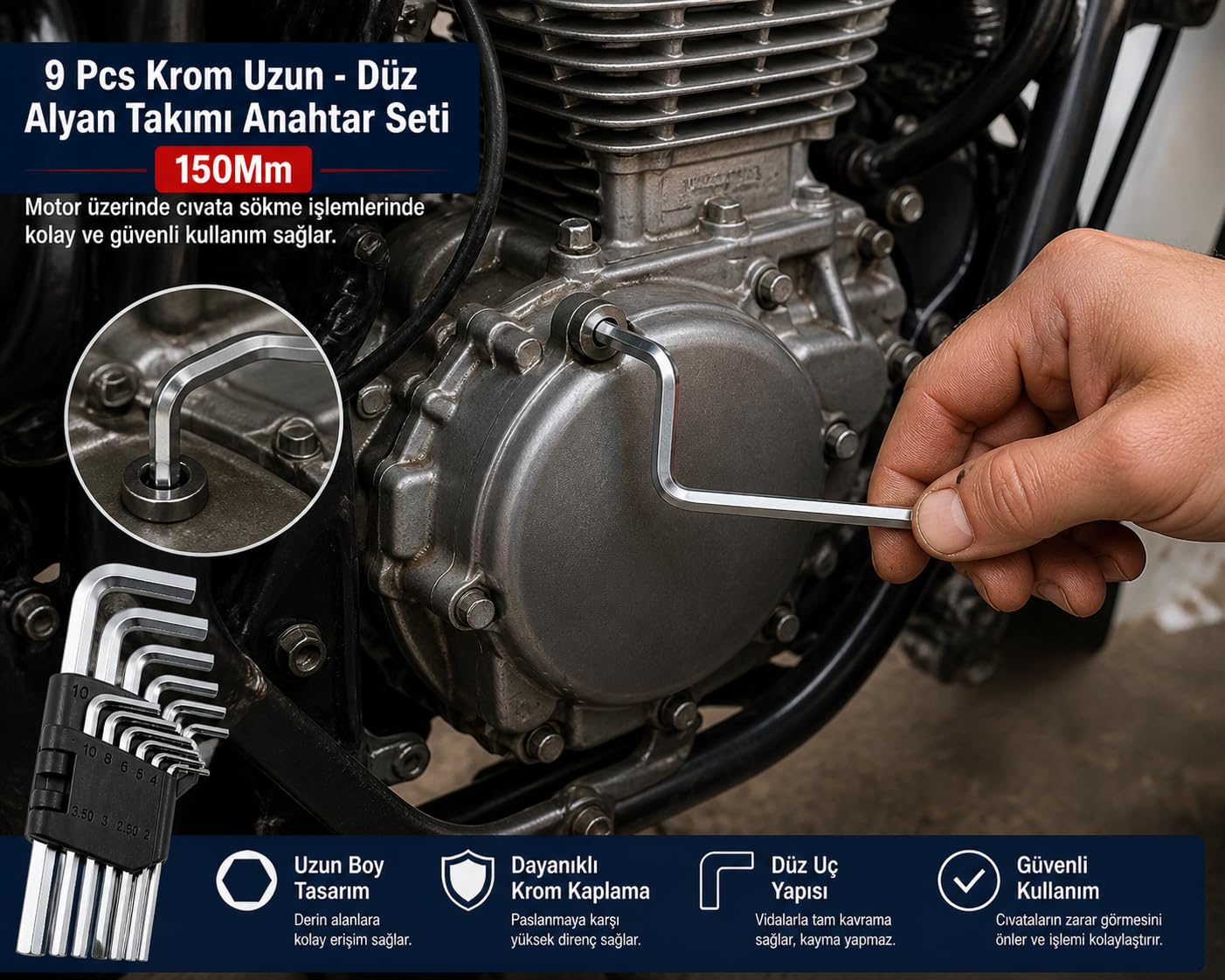 9 Parça Krom Uzun Düz Alyan Anahtar Seti 150 mm (2–10 mm) Dayanıklı Çelik Allen Anahtar Takımı