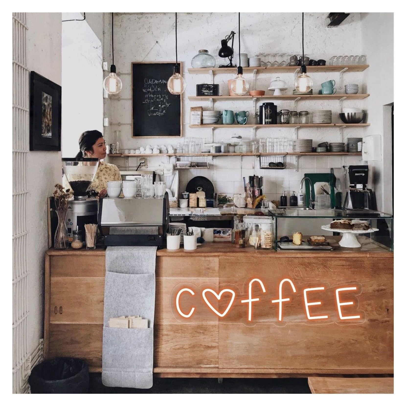 RONGCH Hanging Art Signs Coffee with Heart Neon Sign,Suitable for Espresso Bar Shop Dimmable 40cmx12cm(C)
