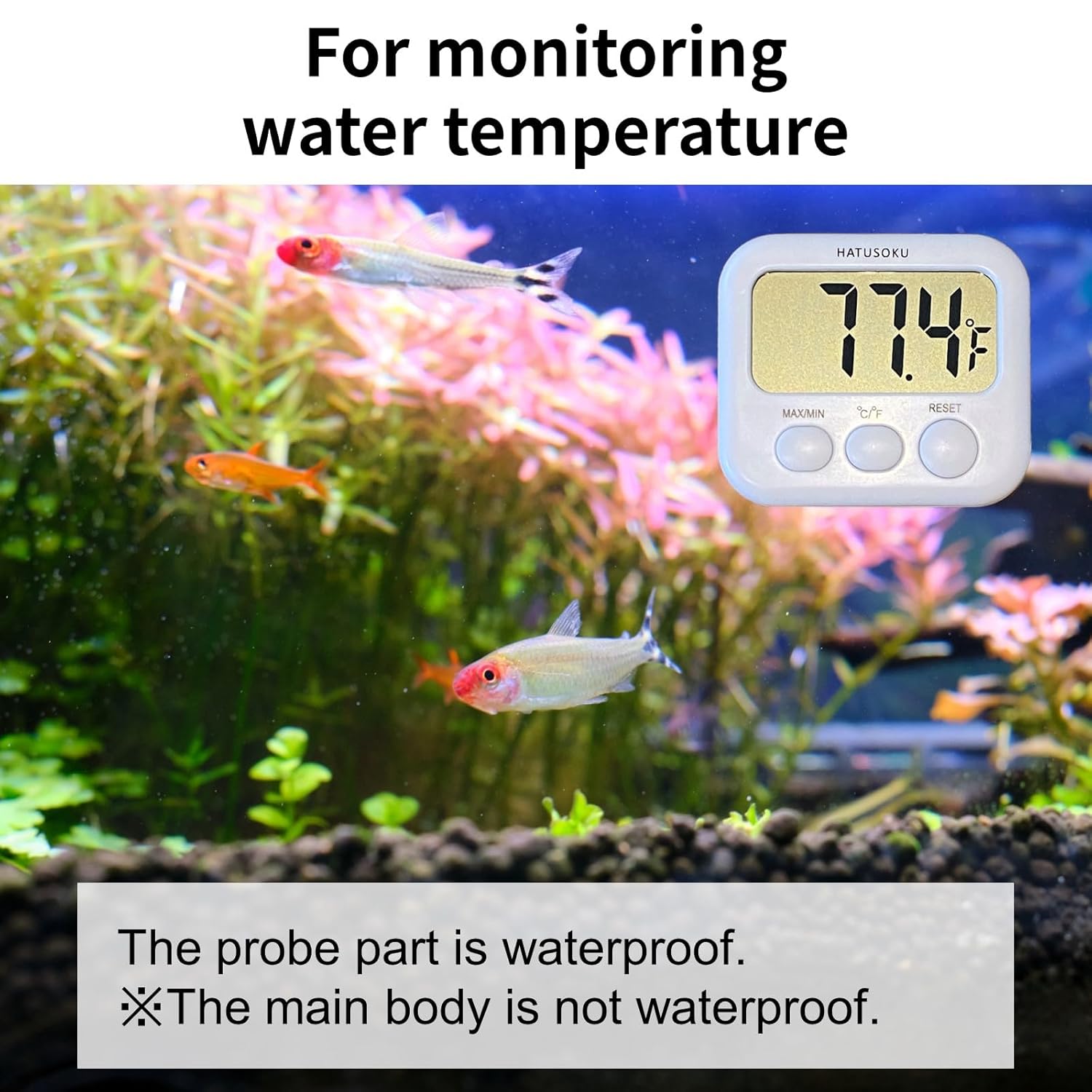 Digital Thermometer with External Sensor, Magnet, Suction Cup, Water Thermometer, Aquarium, Refrigerator, Freezer (White)