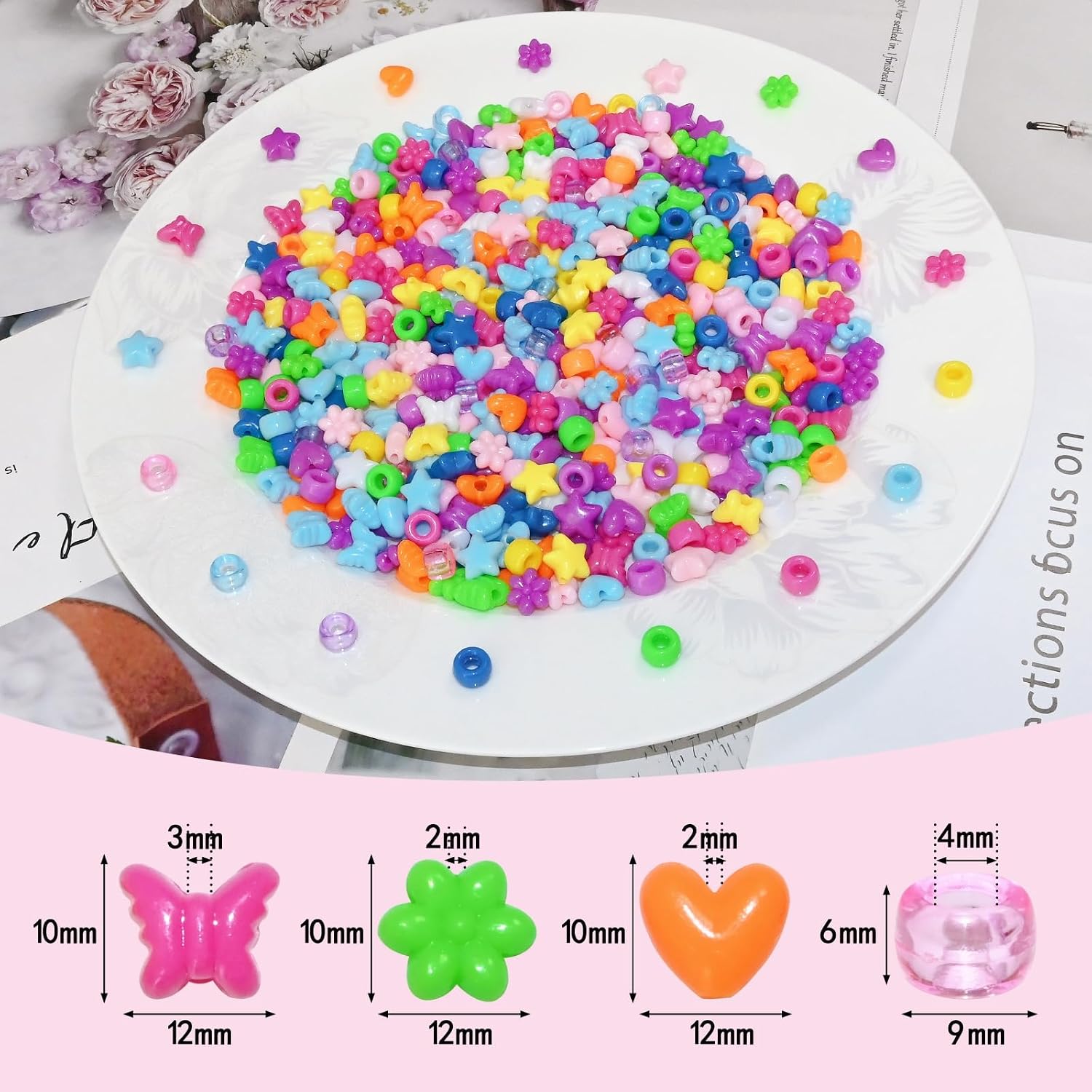 Amaney 500pcs Assorted Acrylic Beads Heart Flower Butterfly Star and Pony Beads Multi Color Big Hole for Bracelet Necklace Craft Jewelry Making image 2