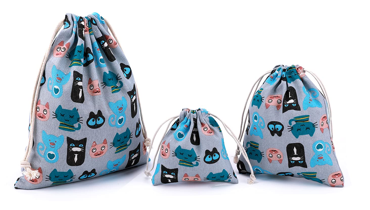 Amoyie Little Cats Cotton Drawstring Bag 3Pcs, Kids Storage Bag, Fabric Organiser Pouch
