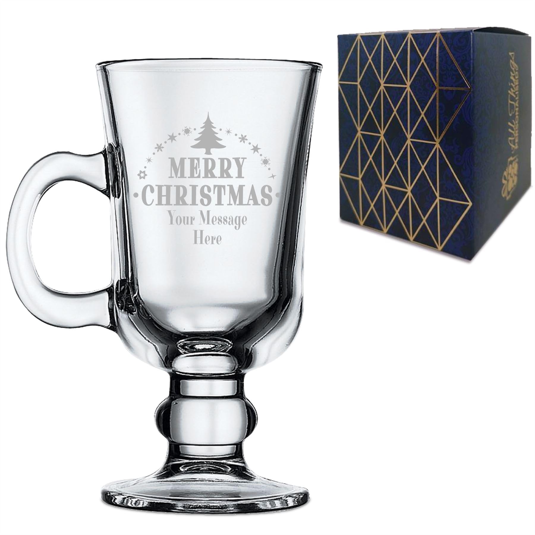 Tasse à café irlandaise en verre avec motif sapin de Noël personnalisable avec n'importe quel nom ou message, coffret cadeau inclus, gravure au laser