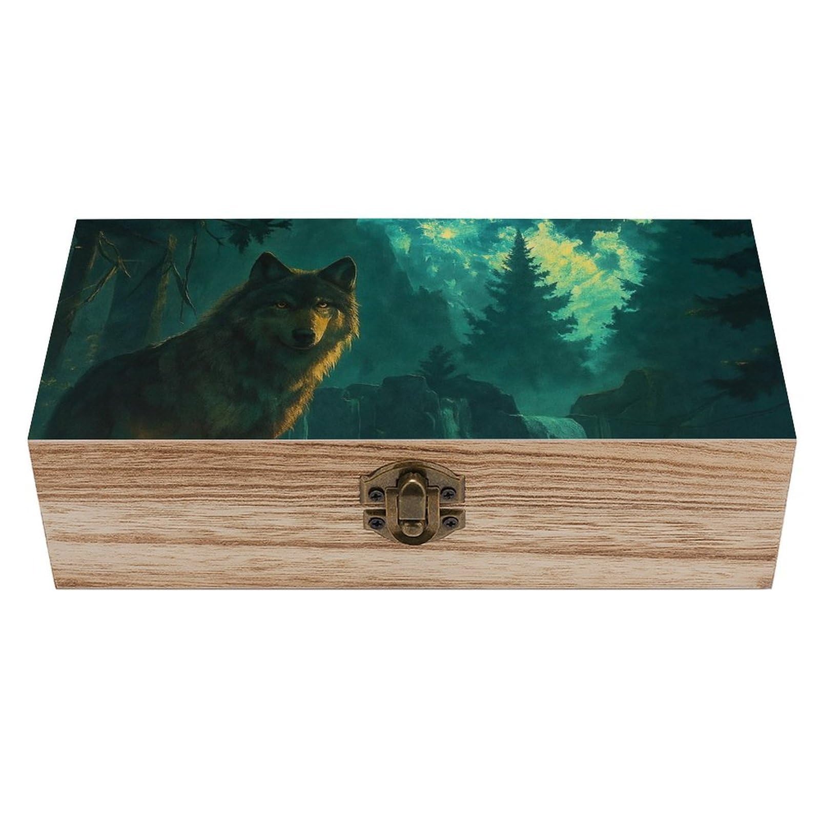 SMAZDFXX Moonlit Majestic Wolf And Waterfall Wooden Storage Box Multipurpose Decorative Box for Jewelry Photo Home Decor