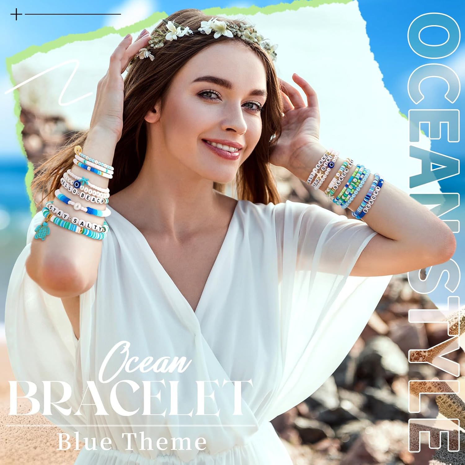 Landical 64 Pieces Summer Beach Bracelet Bulk Surfer Beaded Bracelets Stackable Clay shell Seashell Starfish Friendship Party Favor Pack Jewelry Outfits for Women Goody Bag Fillers