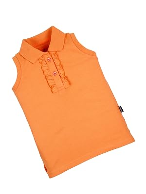 KiddoPanti Girls 100% Cotton Frill Placket Sleeveless Polo Tee, Peach - 6-8Y