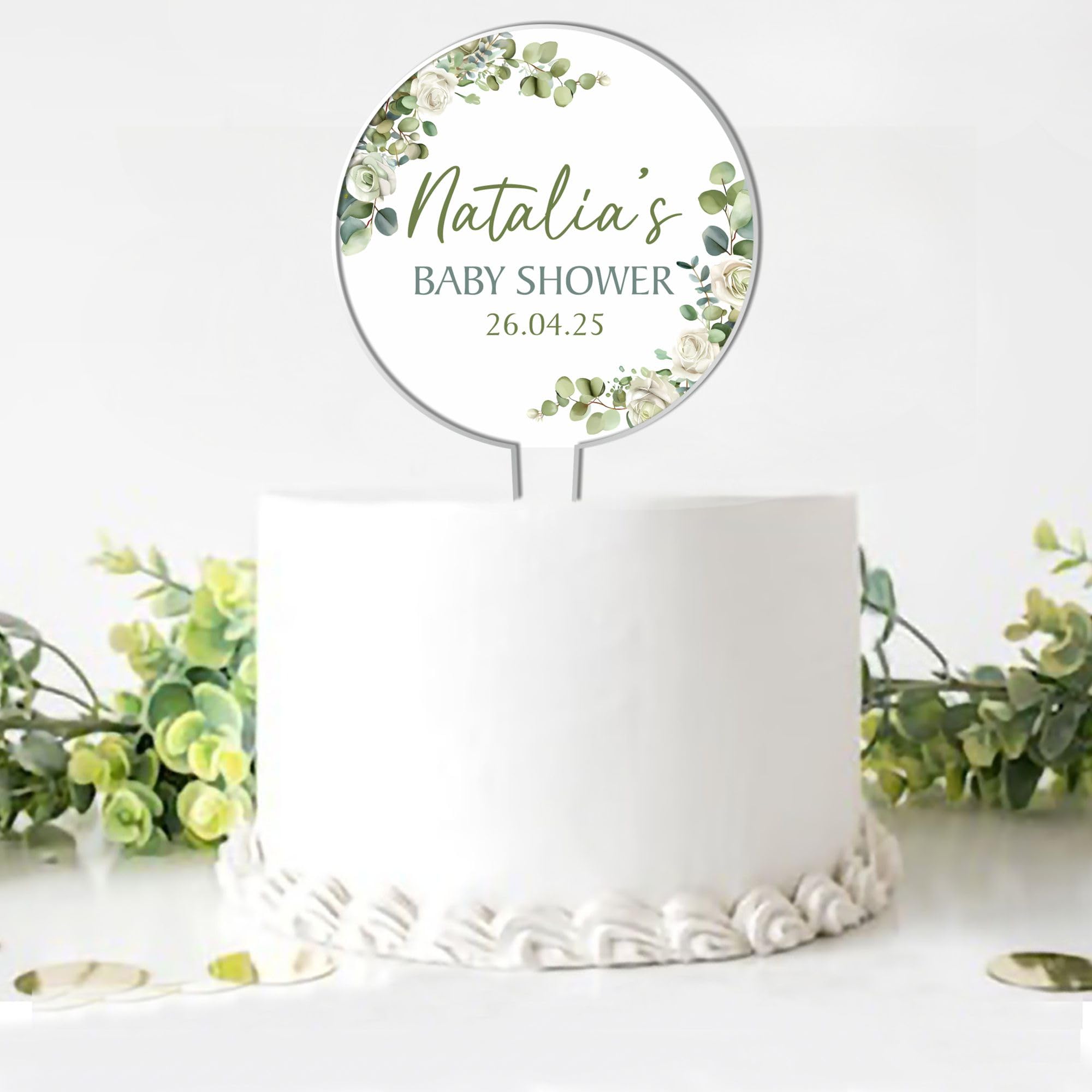 Personalised Baby Shower Cake Topper – Custom Child's Name & Event Date – Floral Acrylic Cake Decoration – Gender Reveal Party Keepsake - 5 Colour Options (Green)