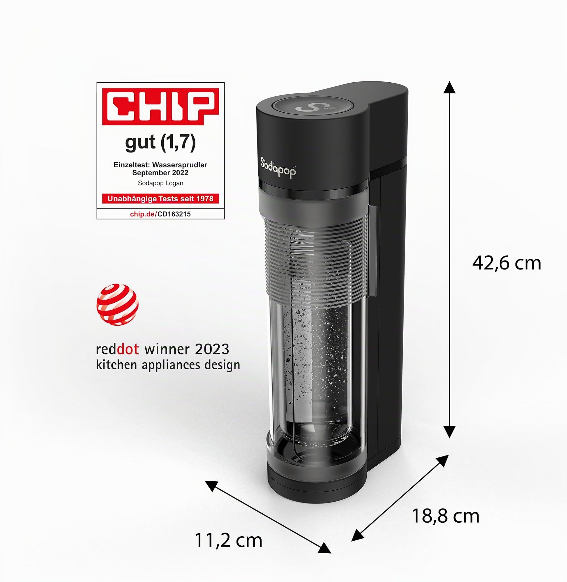 Sodapop Machine à gazéifier Logan, avec 2 bouteilles en verre (850 et 600 ml) et 1 bouteille en PET (850 ml), noir mat, hauteur 42,6 cm, sans cylindre de CO₂