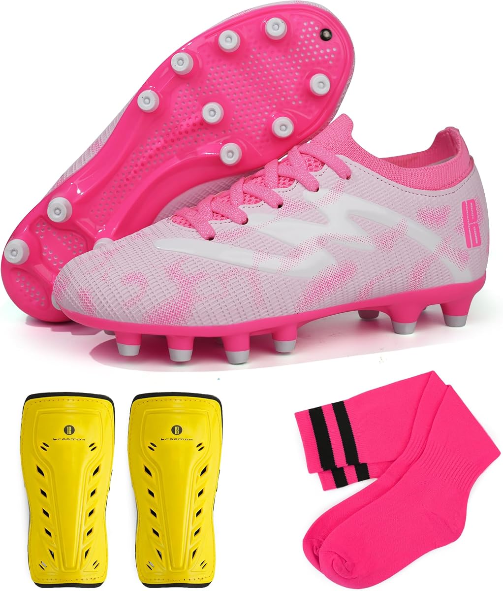 brooman Zapatos de fútbol para terreno firme para niños y niñas, con espinilleras y calcetines de fútbol
