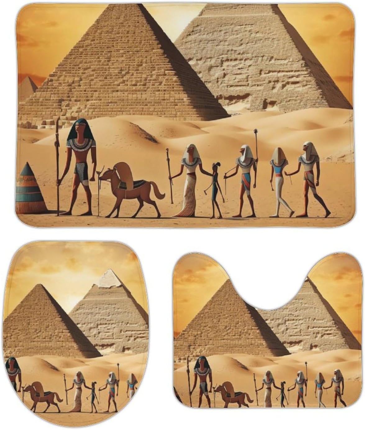 Anti-Skid Floor Mats 3 Piece Set,Ancient Egypt Printed Coral Fleece Bathroom Mats U-Shaped Contour Mat Toilet Seat Cover for Bathroom, Tub, Shower, Kitchen 19.7"x31.5"