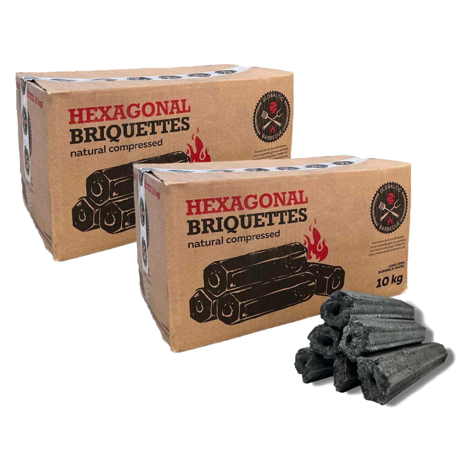 10kg Boxes Premium Sumi Bincho Charcoal Restaurant Barbecuing Briquettes - Naturally Compressed & Odourless - Long Burn Hexagonal Binchotan Logs - For Konro BBQ Cooking Grills - 2 x 10kg Boxes