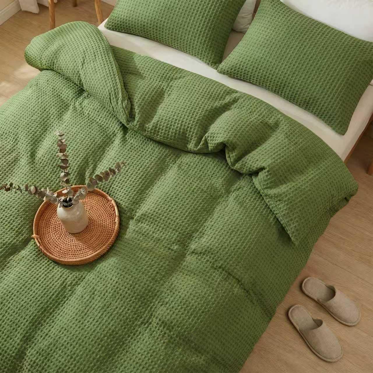 100% Cotton Duvet Cover Cotton Waffle Weave Bedding, 3 Piece Ultra Soft Luxury Textured Breathable Duvet Cover + 2 Pillowcases Olive Green (No Comforter Queen (90''x90'')