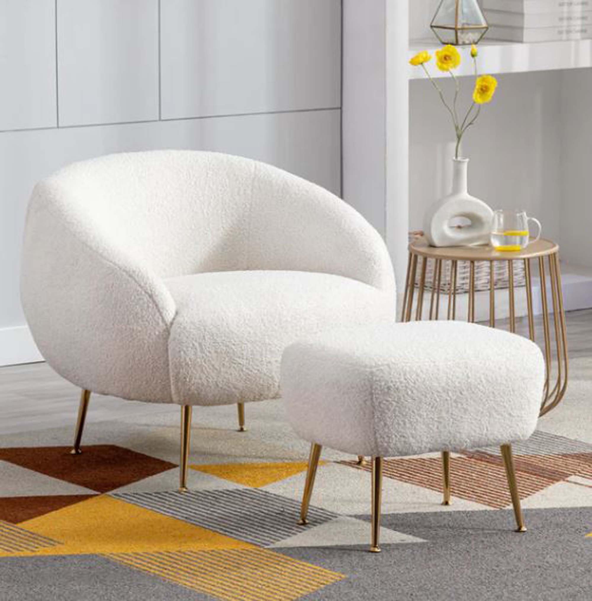 CRAFTCITY Accent Chair with Ottoman Set, Upholstered Round Back Living Room Chair with Footrest Comfy Sofa Chair with Golden Metal Legs Elegant Barrel Chair for Reading Room, (White)-image-44