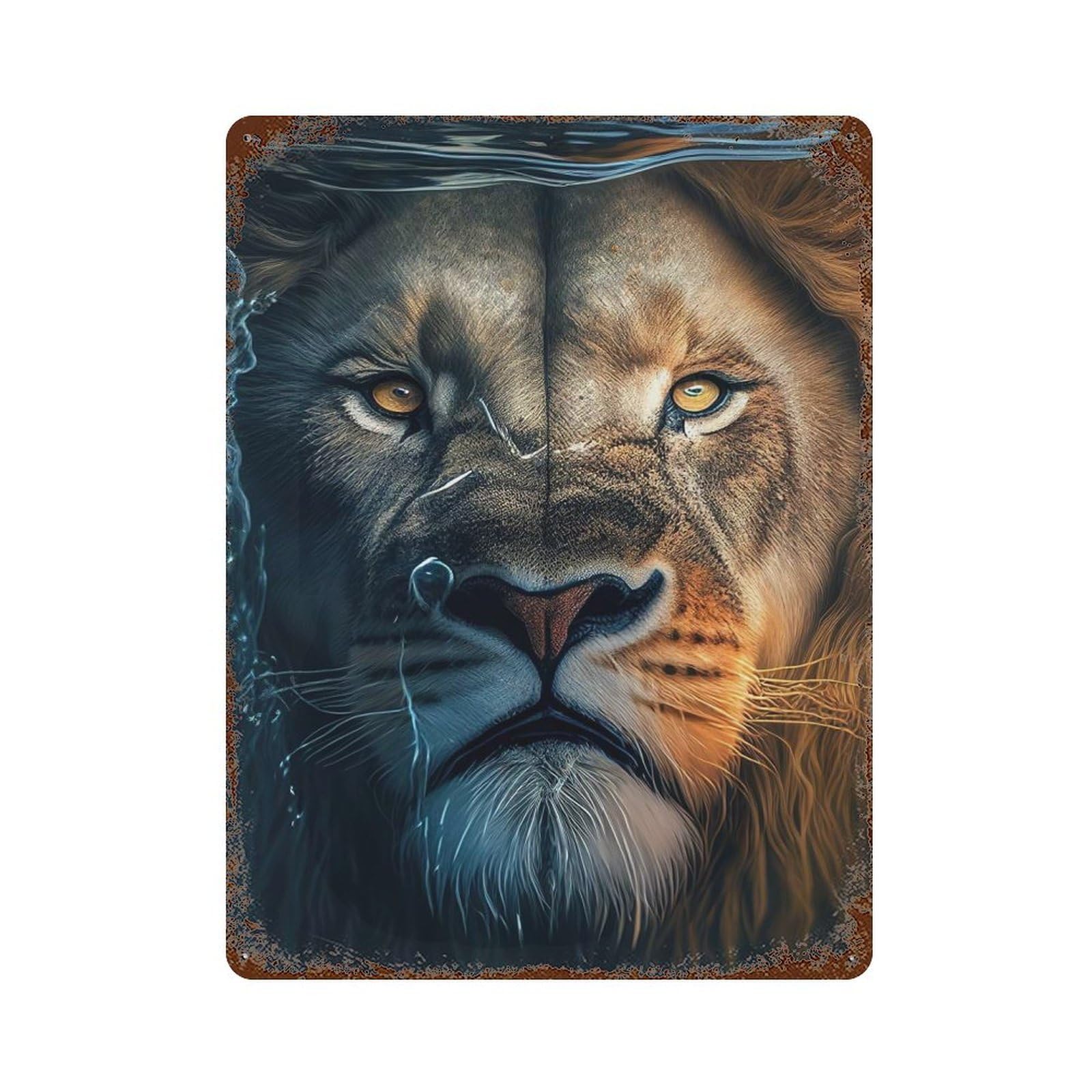 Angry Lion Face Underwater Rusty Metal Tin Sign 15.7"x11.8", Shabby Chic Decor for Garage, Bar And Workshop Decor