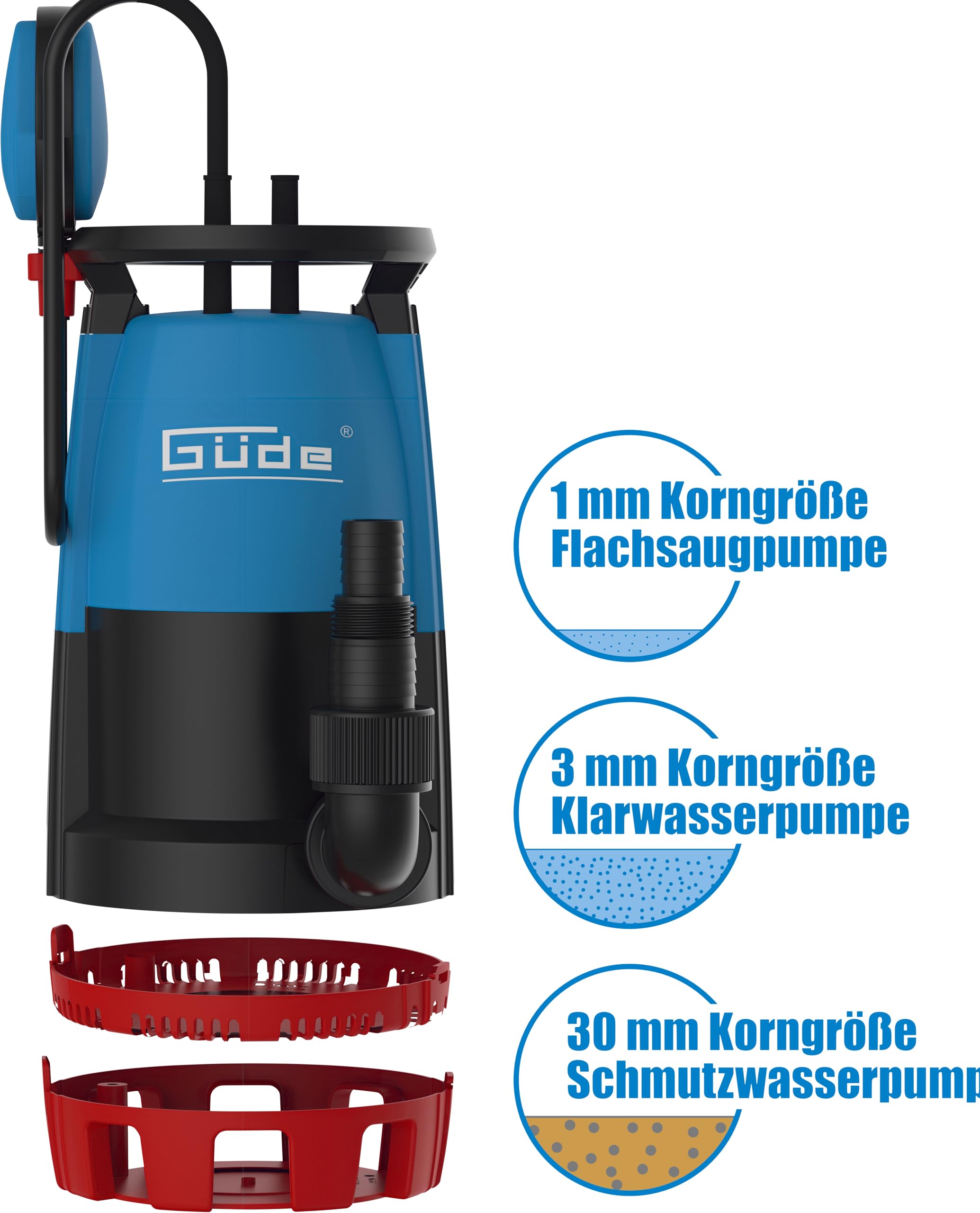 Güde Pompa zanurzeniowa GS 751 3 w 1 (750 W, 15900 l/h, TÜV/GS, maks. wysokość tłoczenia/głębokość zanurzenia 8,5 m/7 m, wirnik z Noryl, kabel przyłączeniowy 10 m, rozmiary ziarna 1/3/30 mm,