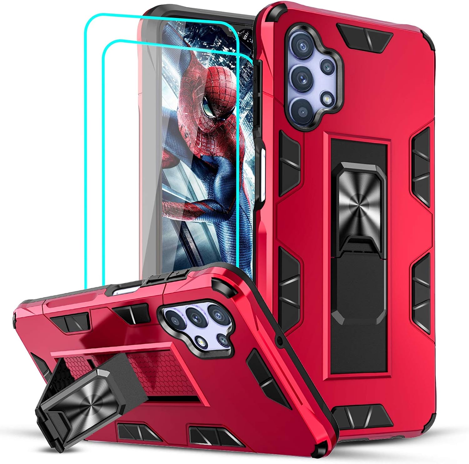LeYi Galaxy A32 5G Case (Not Fit A32 4G), Samsung A32 5G Case with [2 Pack] Tempered Glass Screen Protector, [Military-Grade] Shockproof Built-in Kickstand Phone Case for Samsung Galaxy A32 5G, Red