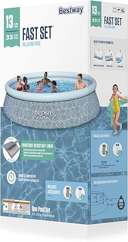 Miniatura 10 de Bestway Fast Set - Juego de piscina inflable redonda de 13 x 33 pulgadas, piscina familiar al aire libre con bomba de filtro, estampado de ratán