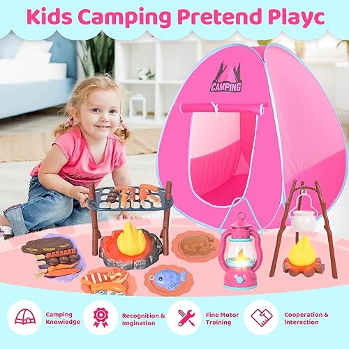 Miniatura 2 de Juego de campamento para niños con tienda de campaña de juegos, fogata, linterna, juego de campamento para interiores y exteriores con tienda de