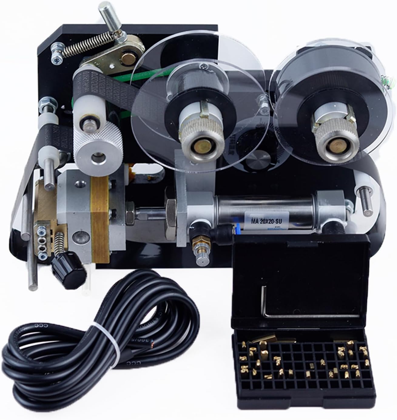 Electric Bottle Label Applicator, Pneumatic Ribbon Thermal Coding Machine Head, Semi Automatic Label Applicator Machine for Round Bottles for Production Date Printing Coding Single Double Row