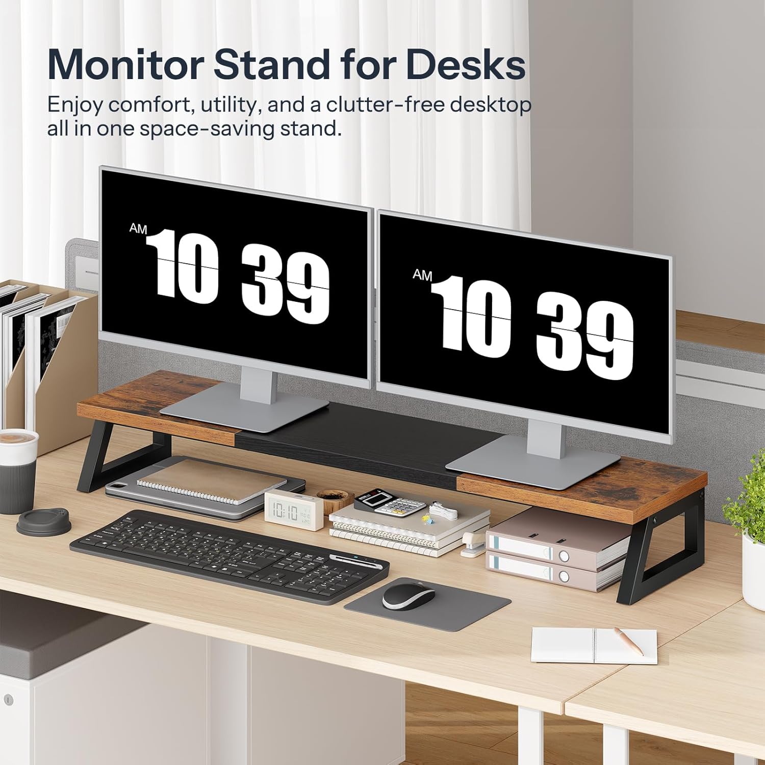 HOOBRO Computer Desk and Dual Monitor Stand Bundle, Home Office Desk with Power Outlet, Desk Shelf Organizer, Home Office, Sturdy and Stable, BF40UDN01-BF121CJ01
