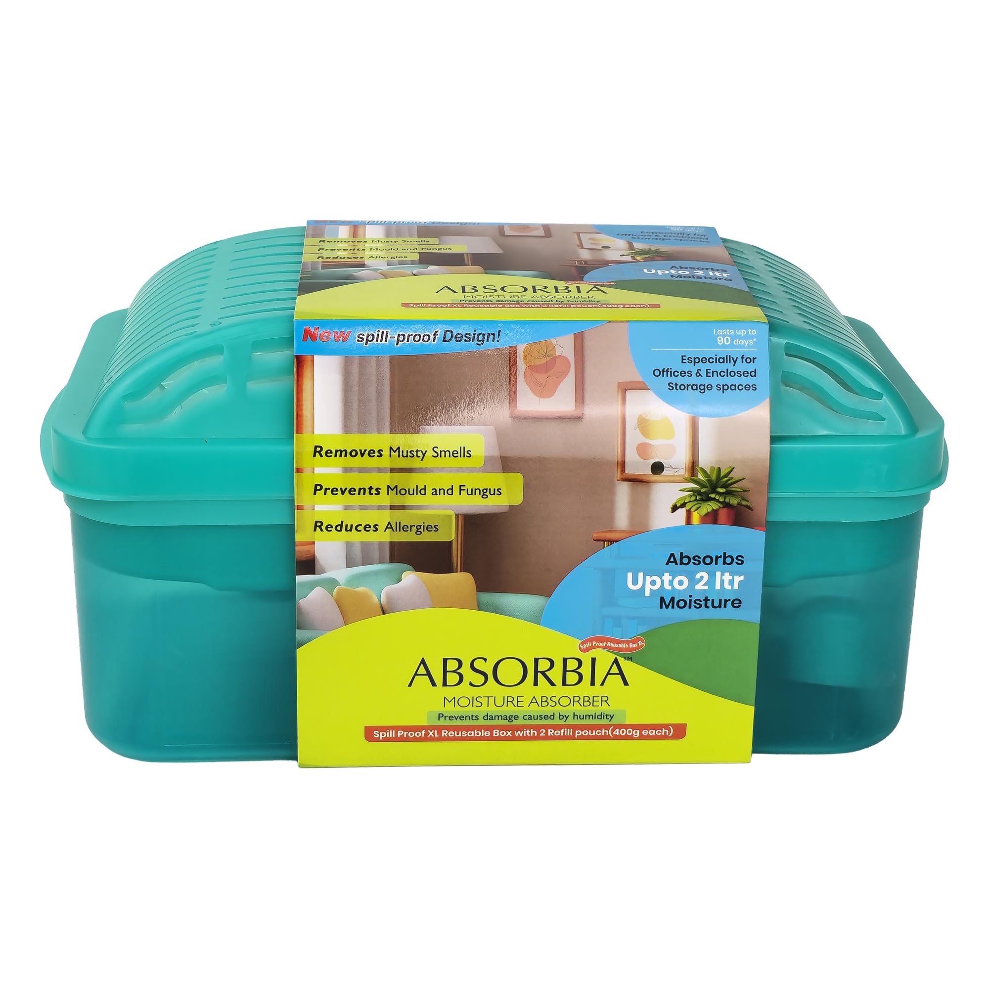Absorbia Moisture Absorber |800g spill proof reusable box with refill pouch for room wordrobe