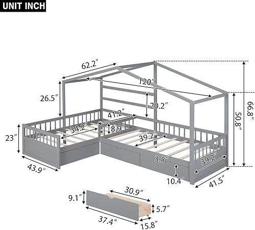 Miniatura 69 de Favfurish Cama de plataforma de casa de tamaño individual con cabecero y estribo, diseño de techo, cama de madera con forma de casa para niños y