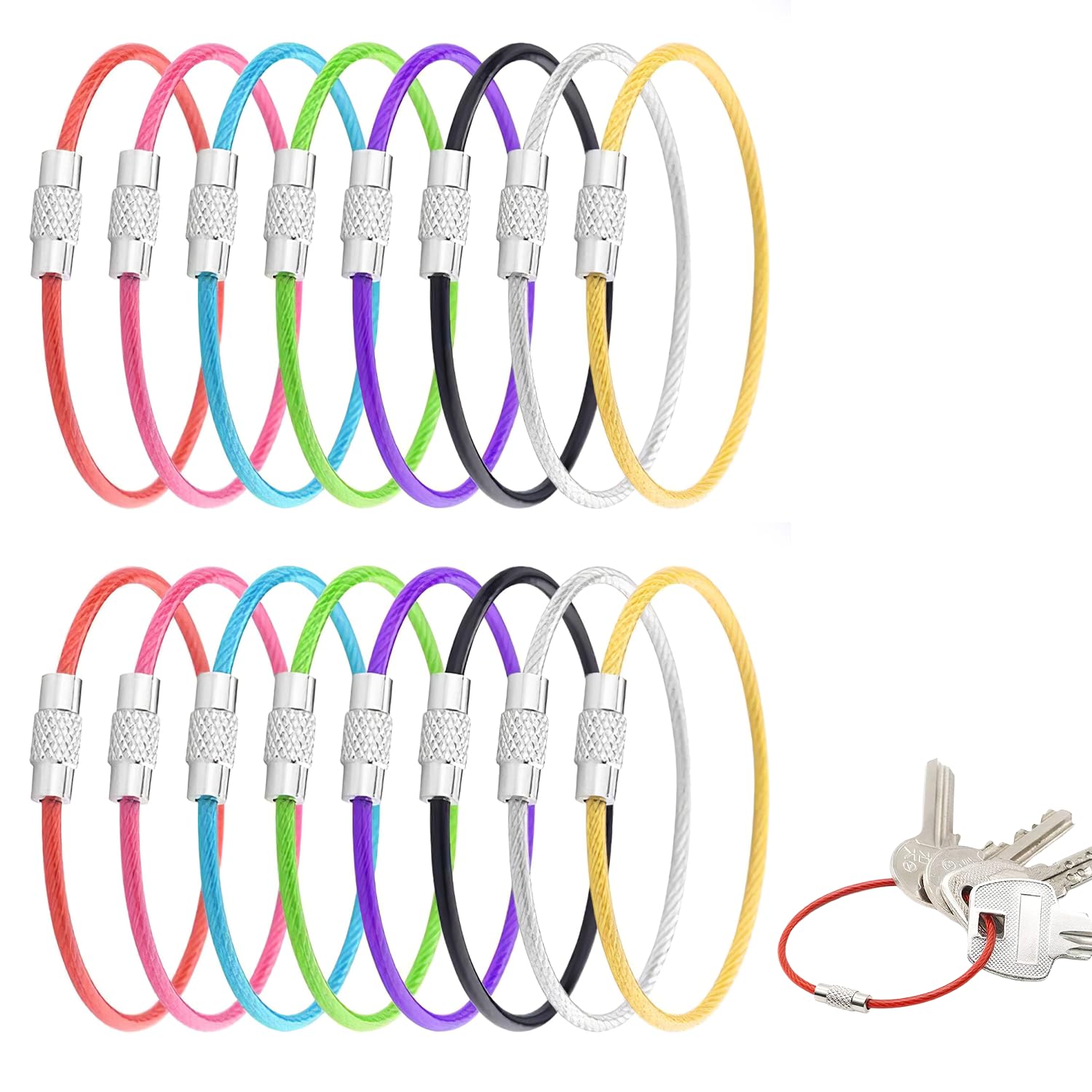 16 Pcs 2.0mm Steel Cable Key Rings, Multi-Color Coated Wire Keychain Secure Locking | Heavy Duty | 150mm Length | PVC Coated | Rustproof | for Keys & Luggage Tags-image-45