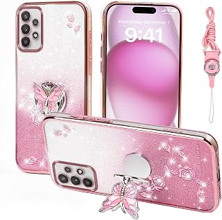 For Samsung Galaxy A33 5G Phone Case, for Mobile Phone Case for Women Girls, Glitter Butterfly Flower TPU Protective Cover with Stand + Strap Cover for Samsung A33 (Pink)