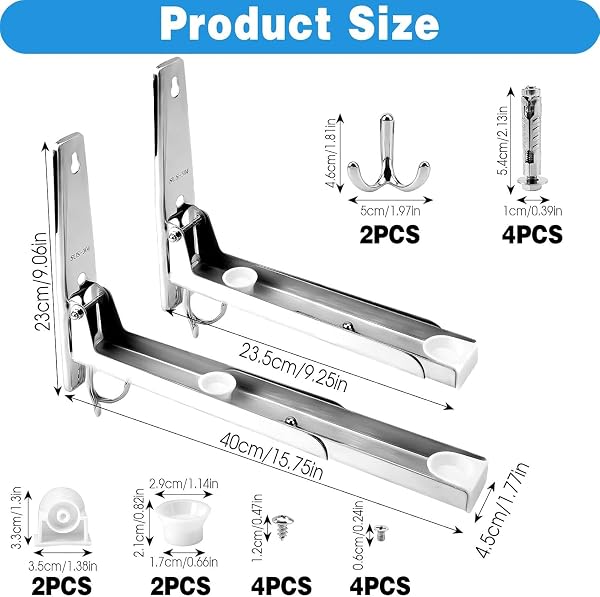 2 Microwave Wall Bracket, Universal Microwave Bracket Folding Shelf Bracket for Microwave Stainless Steel Wall Microwave Frame with Mounting Accessories Silver - 2