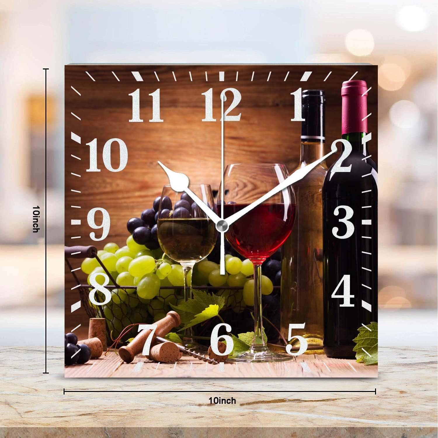Wine Wall Clock,Glasses of Red and White Wine Served with Grapes French Gourmet Tasting Print Decorative 14 Inch Square Silent Non-Ticking Wooden Desk Clock Battery Operated for Living Room Kitchen